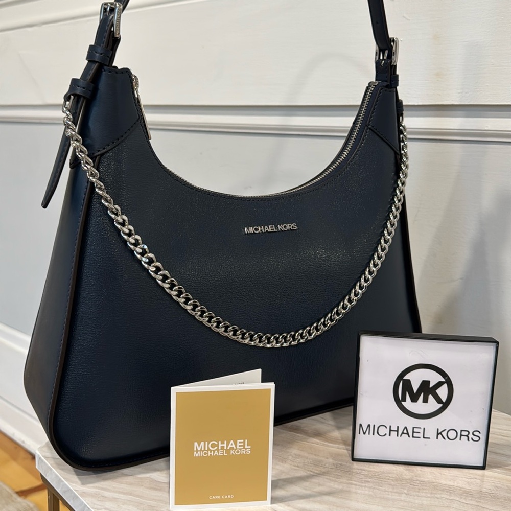 Michael Kors Navy Leather Shoulder Bag with Silver Chain
